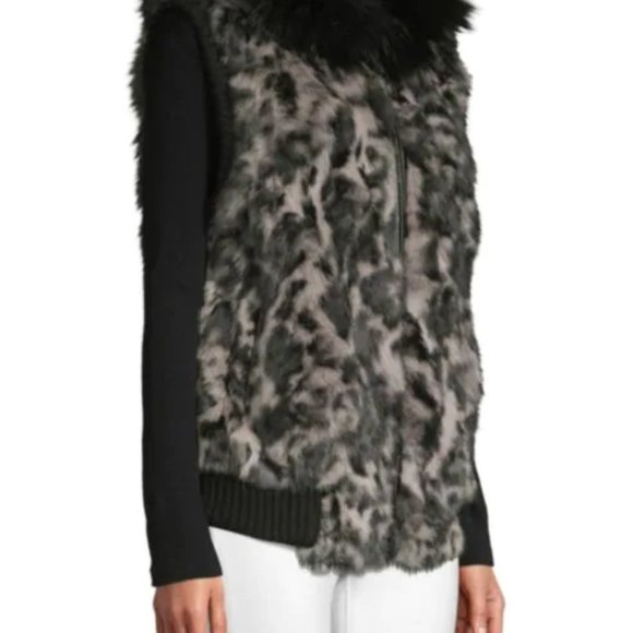 Fox Fur-Trim Leopard-Print Rabbit Fur Vest - Picture 4 of 5